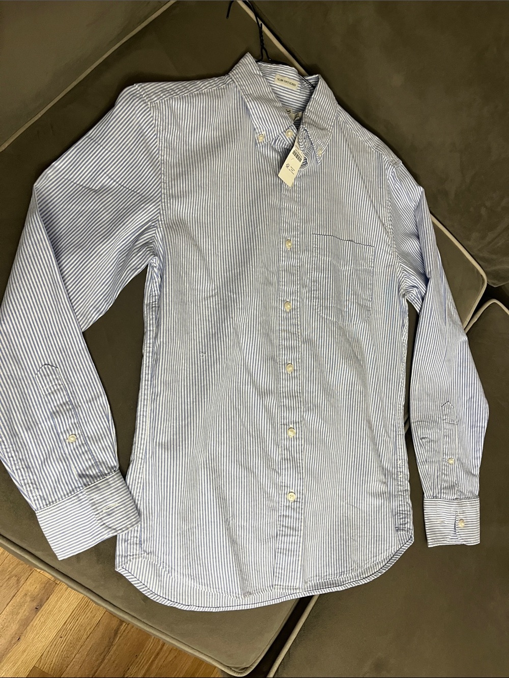 J. Crew Men's Light Blue and White Striped Button-Down Dress Shirt
